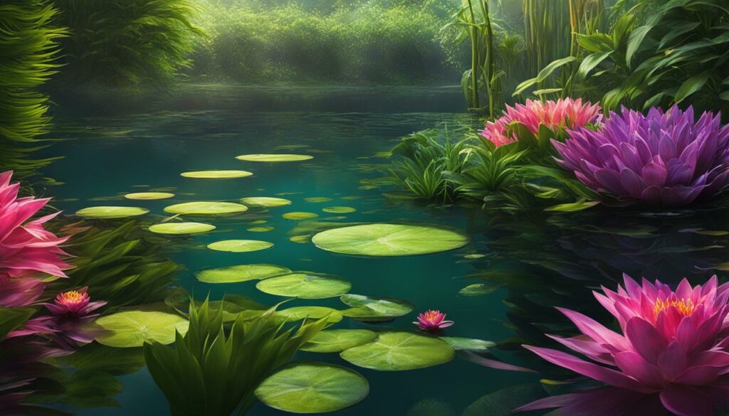 Vibrant aquatic plants in a garden pond